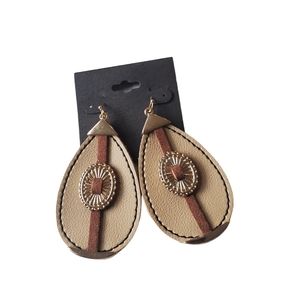 Tear Drop Faux Leather Earrings Equestrian Concho Boho Vibes Tan Congac